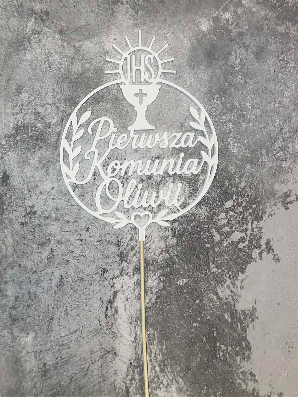 Topper na tort „Pierwsza Komunia Święta” – personalizowana dekoracja (Imię)