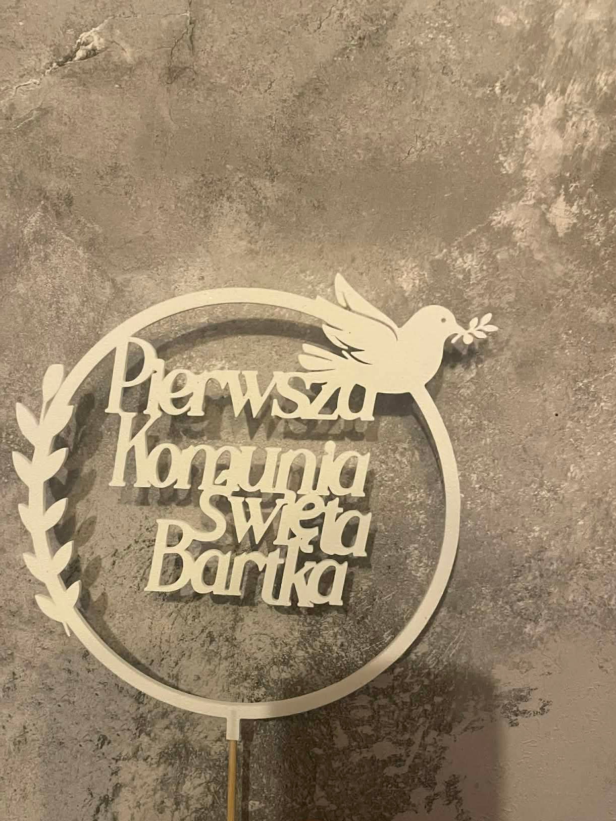 Topper na tort – Pierwsza komunia święta Personalizowany z gałązką i gołąbkiem (Imię)