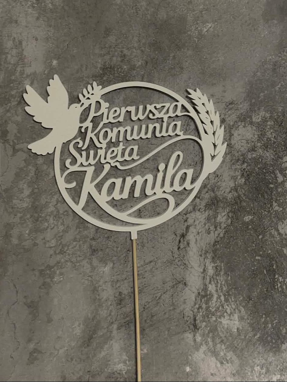 Topper na tort „Pierwsza Komunia Święta” z imieniem – personalizowana dekoracja (Imię)